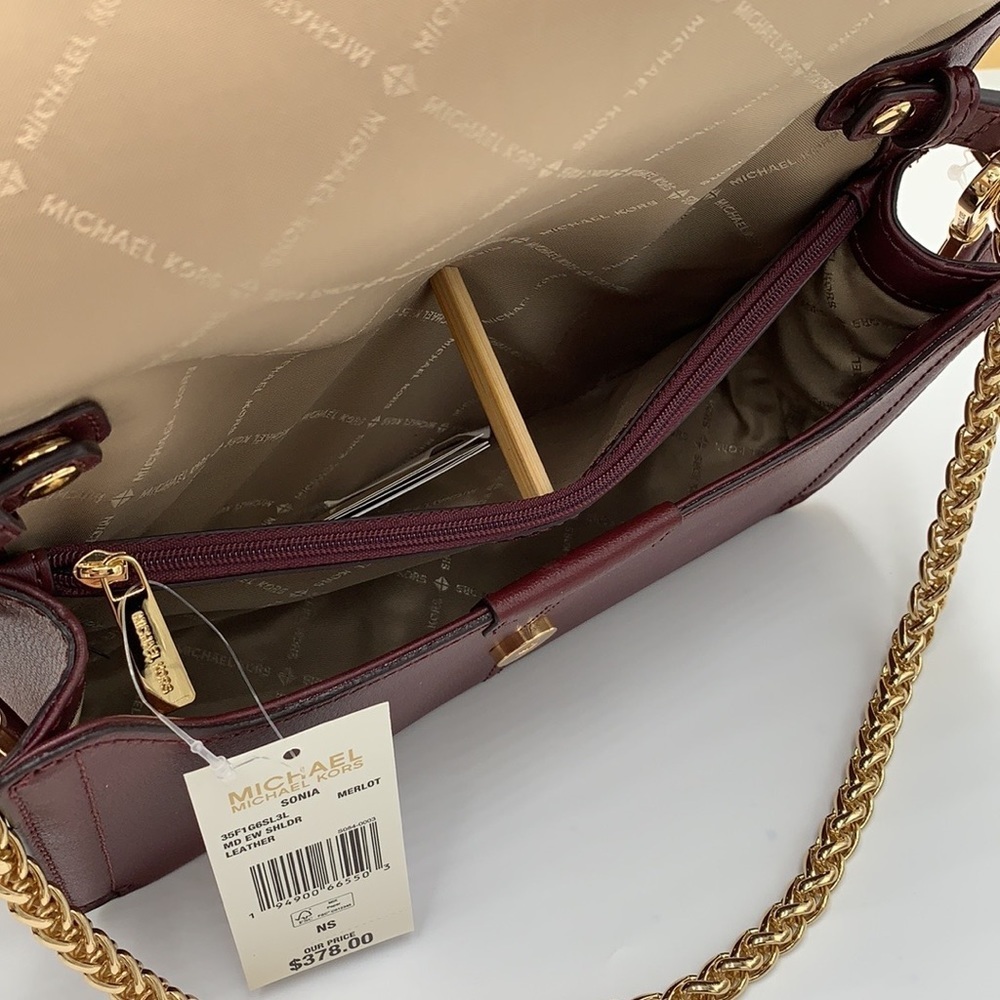 MICHAEL KORS SONIA MEDIUM EAST WEST SHOULDER CROSSBODY BAG MERLOT COLOR - Picture 10 of 16